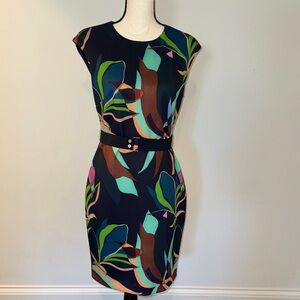 Ted Baker Blue Multicolor Leaf Print Mini Dress Sz 3 (US 8)
